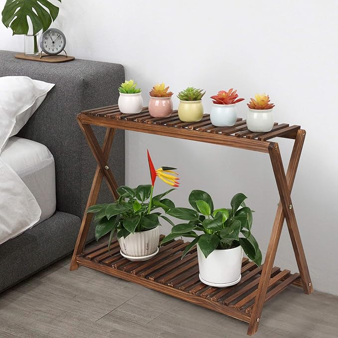 Wood Plant Stand Indoor Outdoor 2 Tiers Flower Stand Corner Stepped Planter - Image 6
