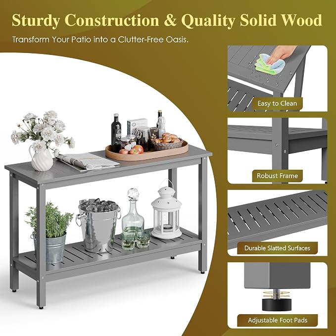 SUPER DEAL 48 inch Outdoor Console Table, 2-Tier Solid Wood Side Table - Image 7