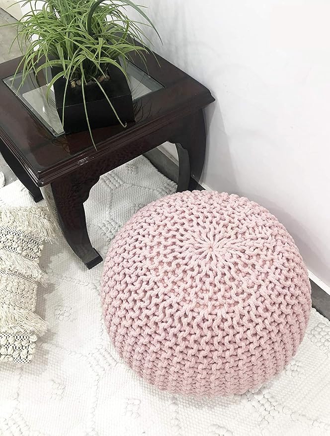 FRELISH DECOR Round Pouf Ottoman Hand Knitted 100% Cotton Pouf Foot Stool - Image 7