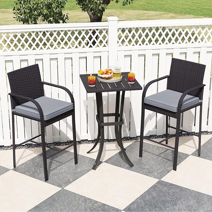 Tangkula 3 Piece Patio Wicker Bar Set, Outdoor Rattan Counter Height Cushioned - Image 3