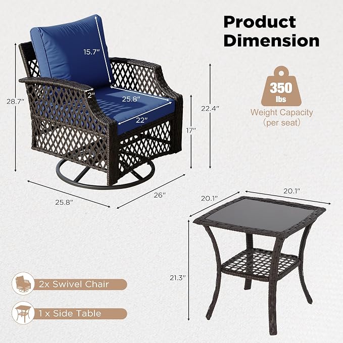 HOMREST 3 Piece Outdoor Swivel Chair Set, Wicker Patio Bistro Set - Image 5