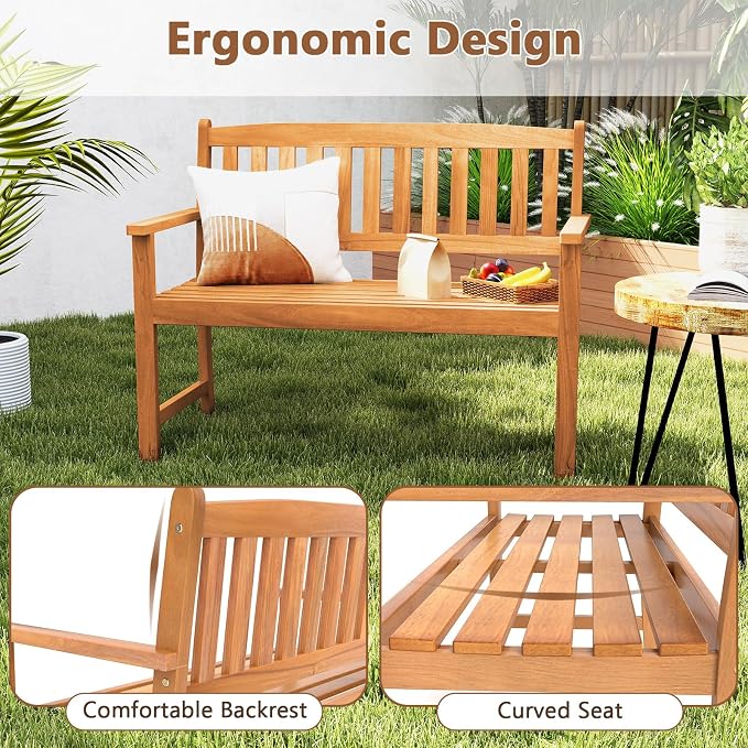 COSTWAY Wooden Bench Outdoor, Sturdy Outdoor Acacia Wood Bench - Image 7