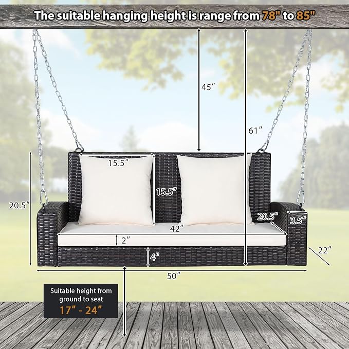 DORTALA Hanging Porch Swing, 2-Person Outdoor Wicker Swing Chair Bench - Image 7