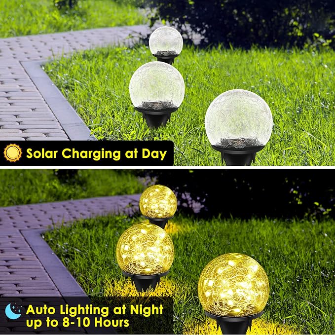 Solar Garden Lights, 2 Pack 60 LED Cracked Glass Solar Globe Lights Outdoor - Image 5