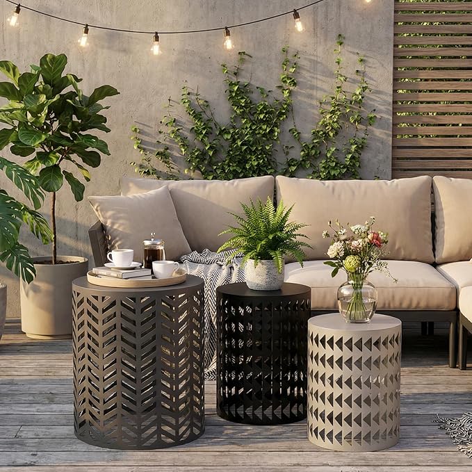 Nesting Outdoor Side Table, Small Round Metal Coffee Tables Set of 3, Stacking - Image 7