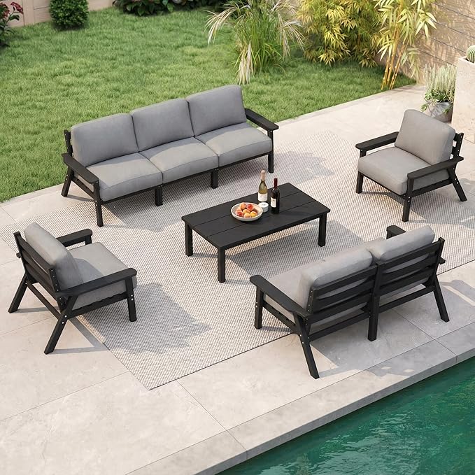 Patio Furniture Set with Washable Thick Grey Cushions, Coffee Table & Side Table by PatioKingdom