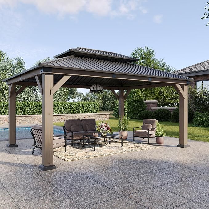 Aoxun 12' x 16' Outdoor Wood Gazebo, Hardtop Gazebo Permanent Wooden Pavilion by Aoxun