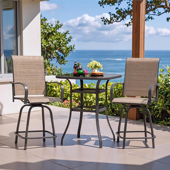 Devoko Patio Swivel Bar Set 3 Pieces Patio High Top Bar Table and Stools Chairs - Image 2