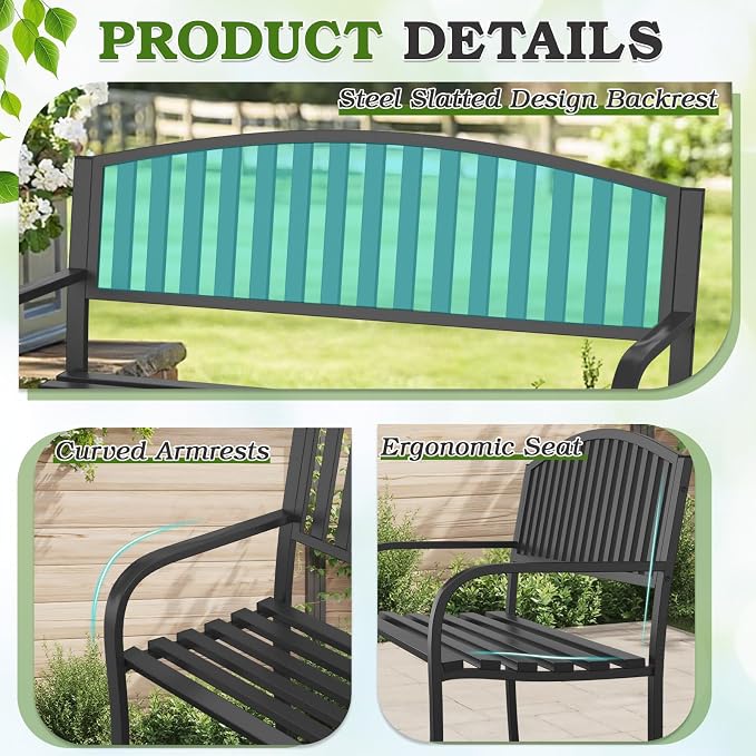 50" Outdoor Bench, Heavy-Duty Metal Frame Graden Bench, Weatherproof Patio Park - Image 4
