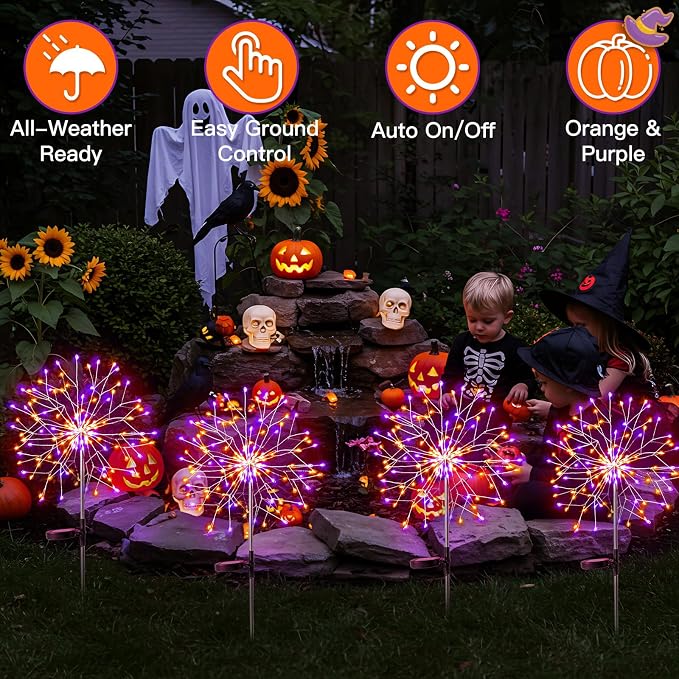 suddus Solar Halloween Lights Outdoor Solar Powered, Upgrade 2-Pack Orange & - Image 2