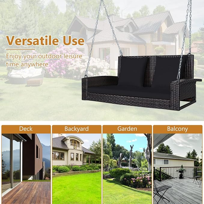 DORTALA Hanging Porch Swing, 2-Person Outdoor Wicker Swing Chair Bench - Image 6