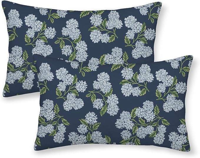Navy Blue Spring Pillow Covers 12x20 Inch 2 Pcs Blue Green Hydrangea Flower by DAFENA