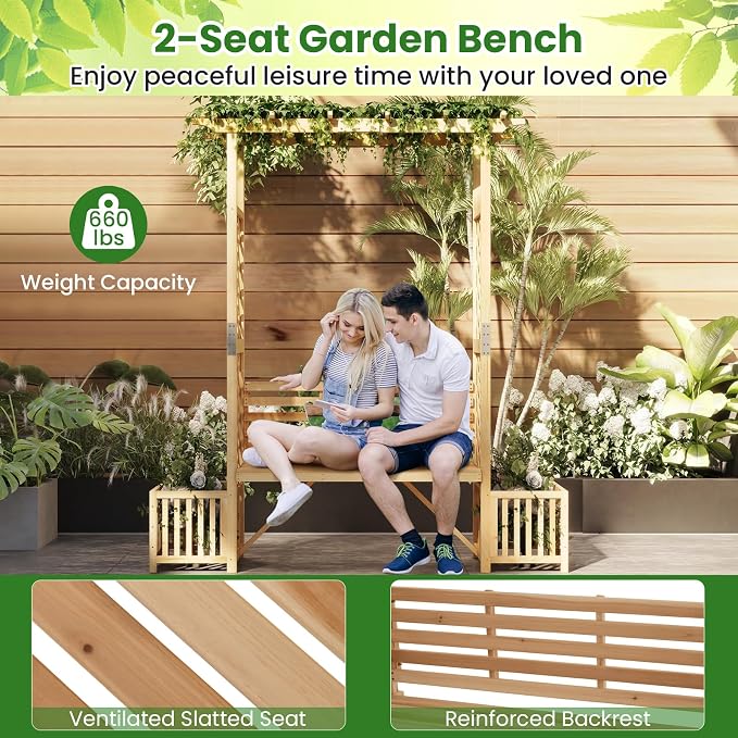 Giantex Outdoor Bench with Garden Arbor & 2 Planter Boxes, Wooden Trellis - Image 6