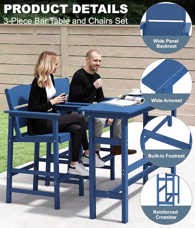 Bar Height Patio Table and Chairs Set, HDPE Outdoor Adirondack Bar Chairs and - Image 4