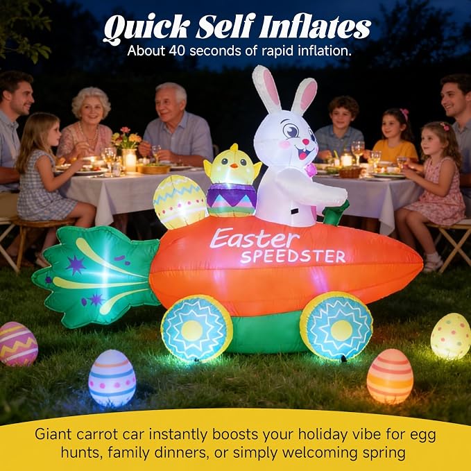 Inflatable Easter Bunny with Carrot Car and Easter Eggs, 6FT Easter Inflatables - Image 8
