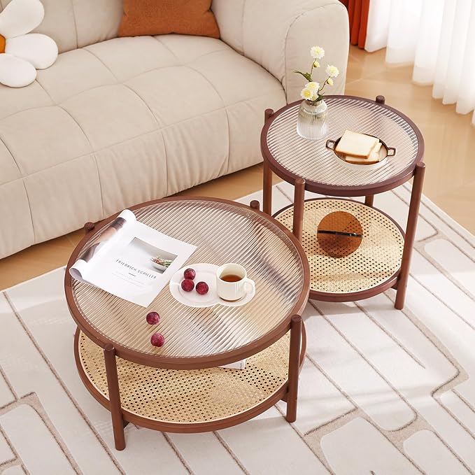 Tiita Rattan Nightstand Side Table, Bamboo Accent Bedside Tables, Glass Coffee - Image 6