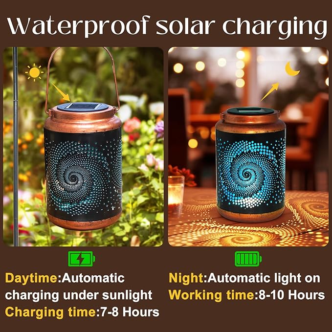 2 Pack Solar Lanterns Outdoor Hanging Metal Waterproof LED - Image 2