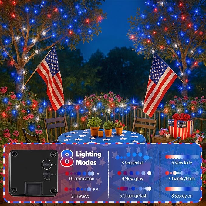 4 Pack Red White and Blue Solar String Lights, 320LED 180FT 4th of July - Image 2