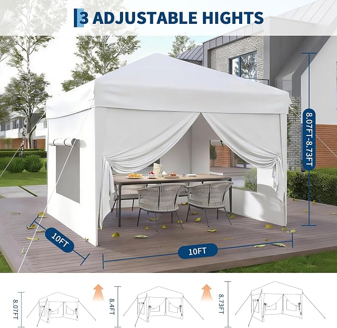 10x10 Pop Up Canopy Tent with 4 SideWalls, Easy Up Canopy with 3 Adjustable - Image 3