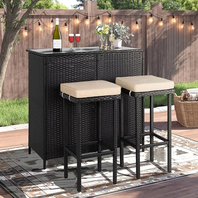 Crownland 3-Piece Wicker Patio Outdoor Bar Set, 2 Stools and 1 Glass Top Table by Crownland