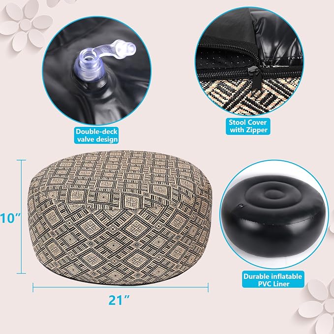 Woven Inflatable Ottoman D21”x H10” Outdoor Indoor Pouf Patio Footrest Stool - Image 2
