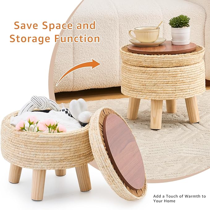 Cpintltr Storage Ottoman Poufs Handwoven Footstool Natural Seagrass Round - Image 6