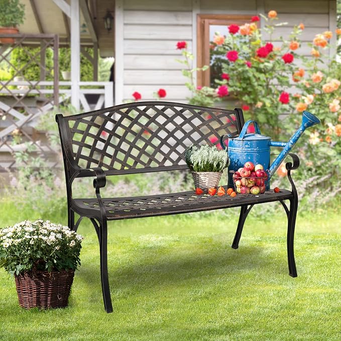 VINGLI 40.5" Patio Garden Bench, Anti- Rust Cast Iron Cast Aluminum Frame - Image 7