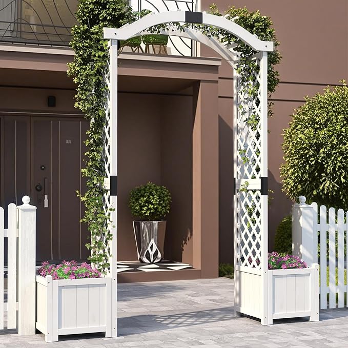 Giantex Garden Arbor with Planter Boxes, Wooden Arch with Trellis and Raised - Image 9