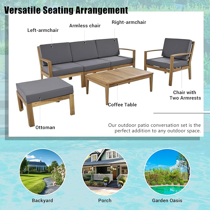 6-Piece Outdoor Patio Conversation Furniture Set, Acacia Wood Sectional Sofa Set - Image 8