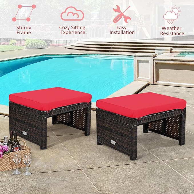 Tangkula 2 Pieces Patio Rattan Ottomans, All Weather Outdoor Footstool Footrest - Image 9