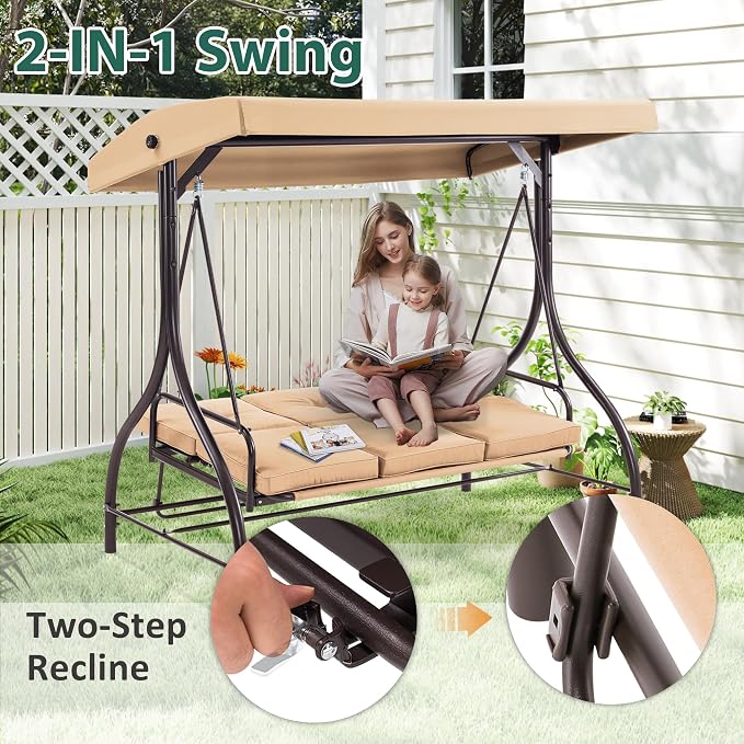 MCombo 3-Seat Outdoor Patio Swing Chair, 2-in-1 Convertible Porch Swing Glider - Image 6