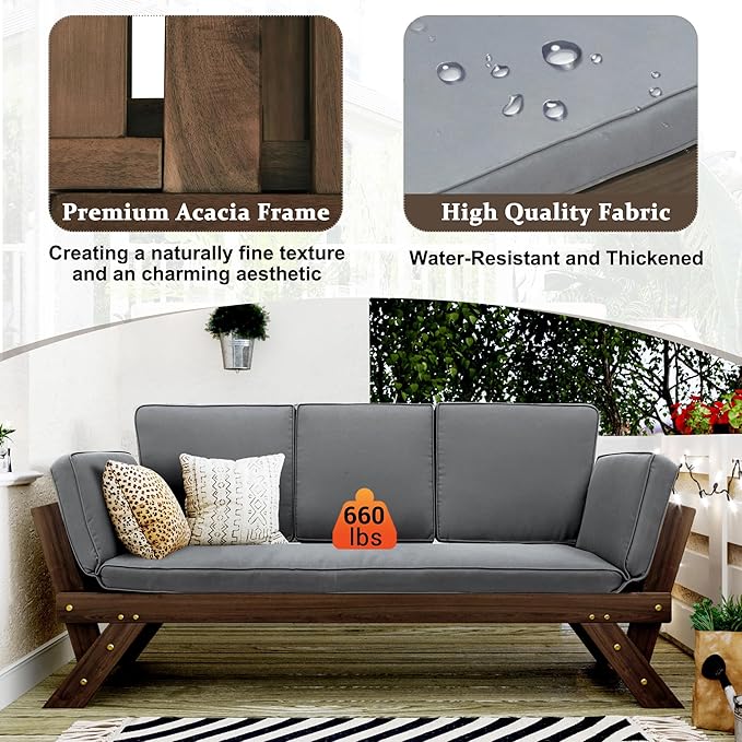 Merax Patio Sofa, Outdoor Adjustable Wooden Daybed, Chaise Lounge - Image 4