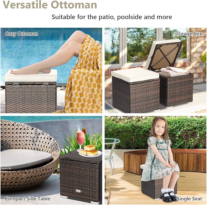 Tangkula 2 Pieces Patio Ottomans, Patiojoy Hand-Woven PE Rattan Side Table - Image 6
