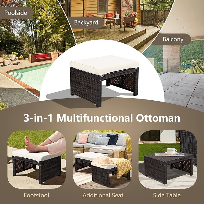 ORALNER Outdoor Ottoman, All-Weather Rattan Foot Stools w/Removable Cushions - Image 5
