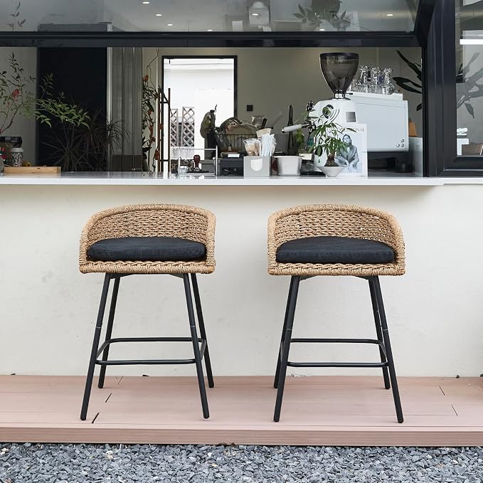 25" Outdoor Counter Height Bar Stools Set of 2, Modern Patio Wicker Bar Chairs - Image 7
