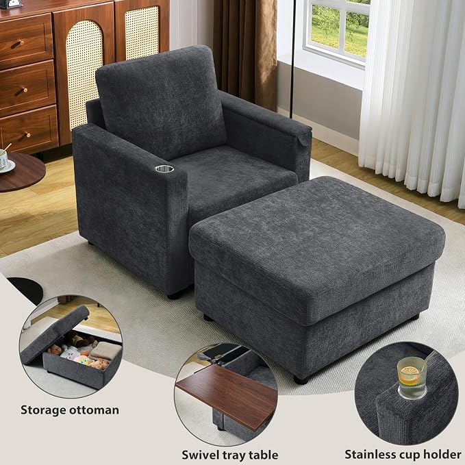 Modern Accent Chairs with Storage Ottoman, Chenille Reading Armchair with Tray - Image 3
