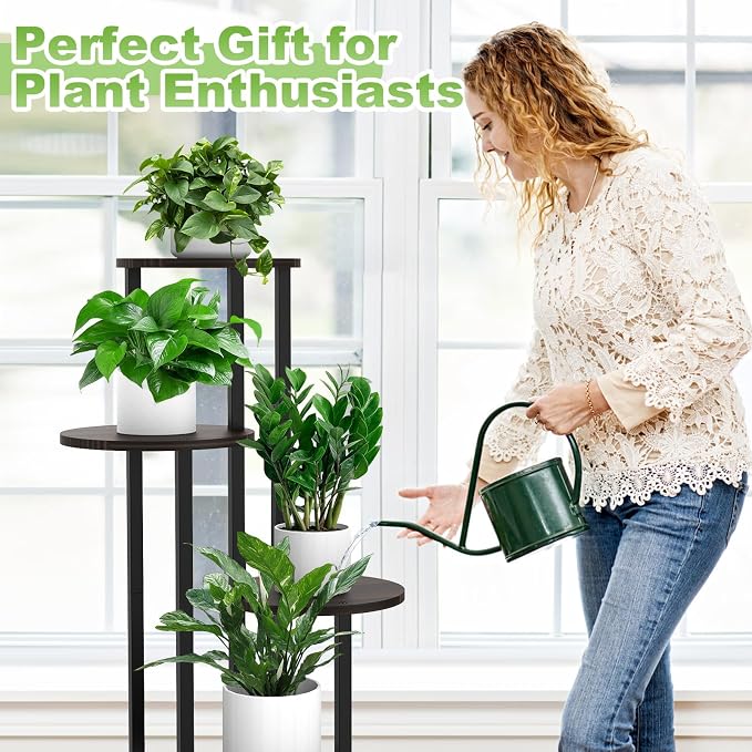 5 Tier Wood Tall Plant Stand Metal Rack Indoor, Round Planter Shelf Display - Image 4