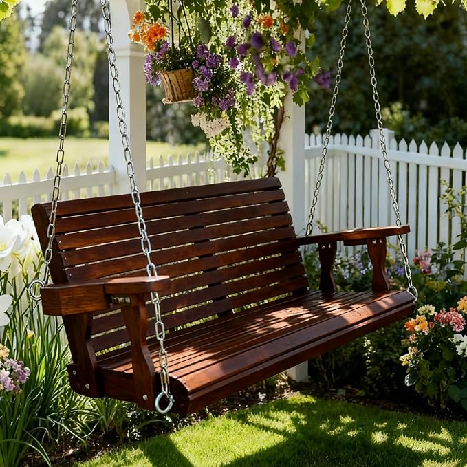 Wooden Porch Swing 2-Seater, High Backrest and Deep Seat, Bench Swing - Image 2