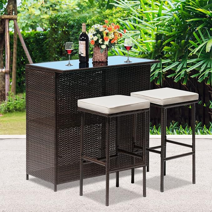 Wicker Patio Furniture 3 Piece Patio Bar Table Set Chairs Wicker Outdoor Rattan - Image 5