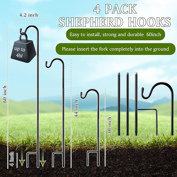 4 Pcs 60 Inch Shepherds Hook for Outdoor Adjustable Bird Feeder Pole Metal - Image 2
