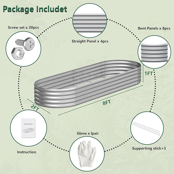 2PCS 8x2x1FT Galvanized Raised Garden Bed Kit, Vegetable Boxes-Oval Metal - Image 5
