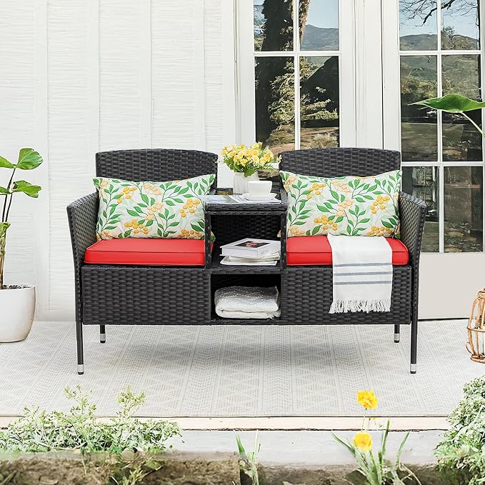 Devoko Outdoor Patio Loveseat Modern Rattan 2-Seat Patio Conversation Set - Image 2