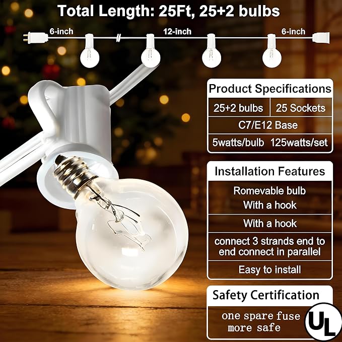 Abeja 25FT Outdoor White String Lights, G40 Globe Patio Lights - Image 2