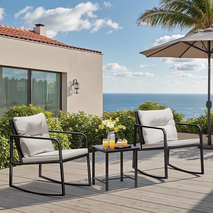 Greesum 3 Pieces Rocking Wicker Bistro Set, Patio Outdoor Furniture - Image 2