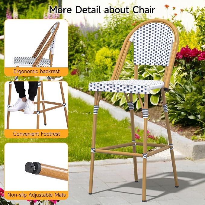 ONBRILL French Bar Stool Set of 2, Wicker Bar Height Stool 29" - Image 6