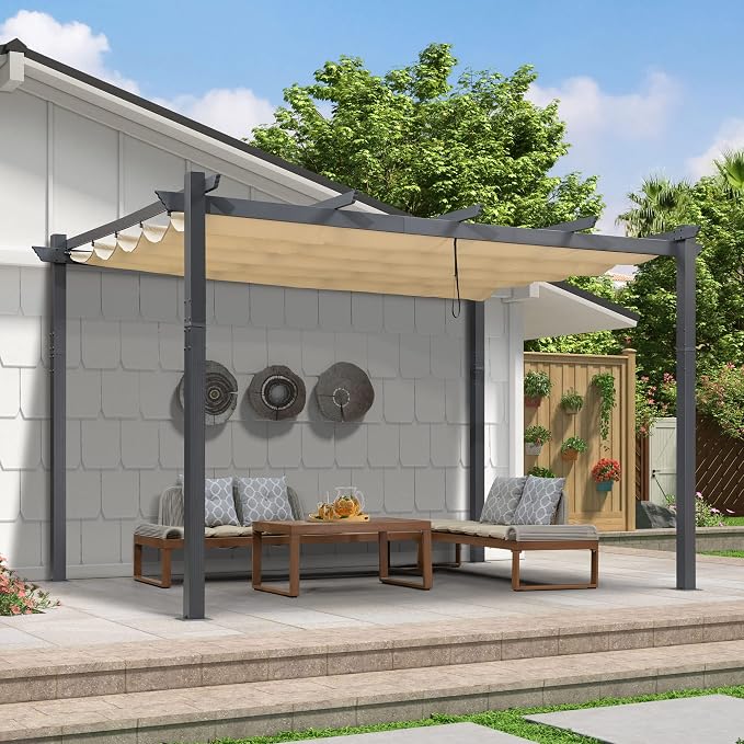 PURPLE LEAF 9.5' X 13' Outdoor Retractable Pergola Against The Wall by PURPLELEAF
