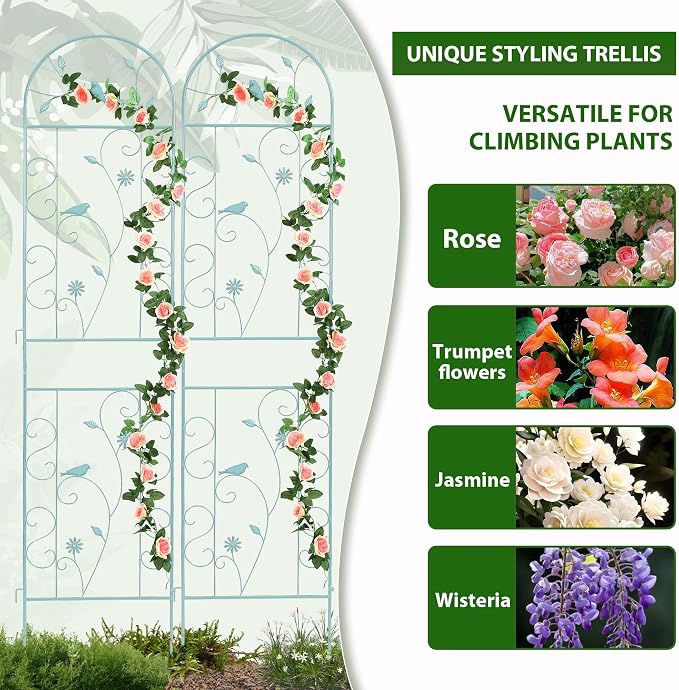 Metal Garden Trellis for Climbing Plants, 2 Pack 86.5" x 19.7" Green Plant - Image 2