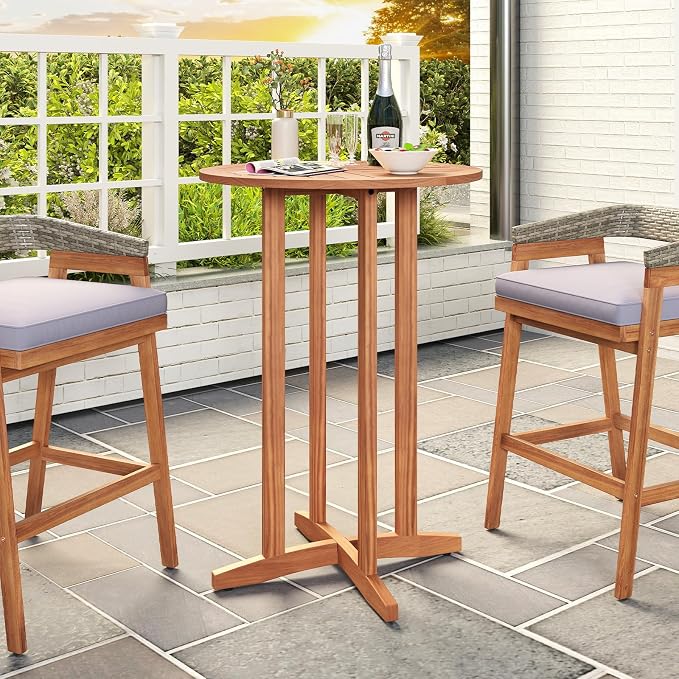 Tangkula Outdoor Acacia Wood Bar Table, High Top Bistro Dining Table, Pub - Image 2