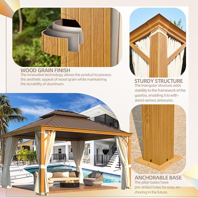 YOLENY 12' x 14' Hardtop Gazebo, Wood Grain Aluminum Frame Canopy - Image 6