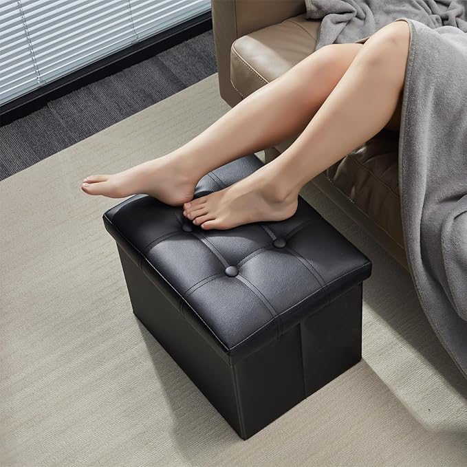 AmasSmile Storage Ottoman Folding Foot Rest Stool, Leather Footstool Bench - Image 5